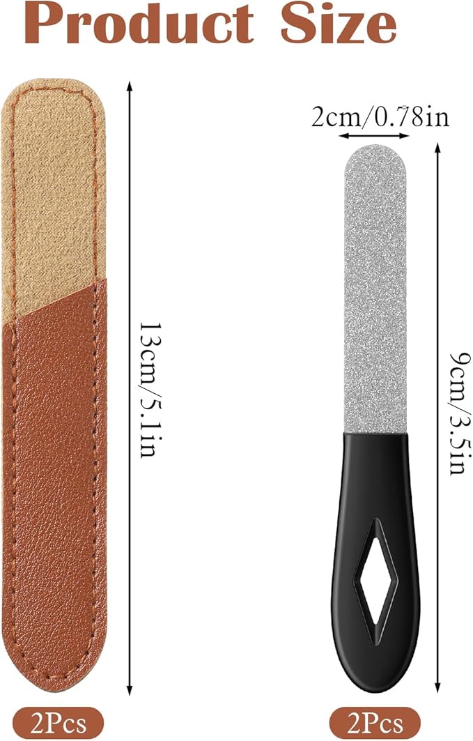 2 Pack Metal Nail File Stainless Steel Manicure Filer Double Sided Fingernail Files with Anti-Slip Handle and Leather Case 3.5 in Mini Small Travel Nail Filer for Men and Women