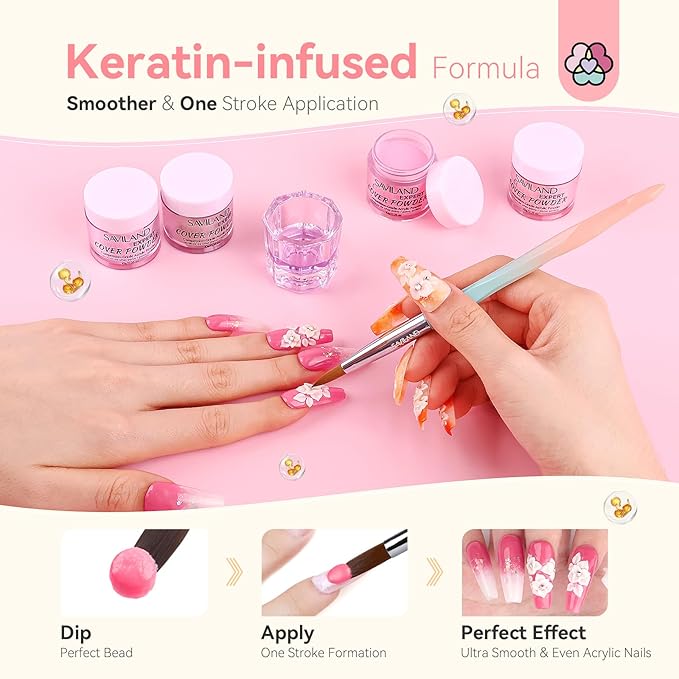 Saviland Acrylic Powder Set: Keratin Professional Acrylic Nail Powder Clear/Nudes/Pink Acrylic Ultra Fine Powder for Nail Extension 3D Nail Art Quick Dry Salon Quality Acrylic Nails 10G * 10