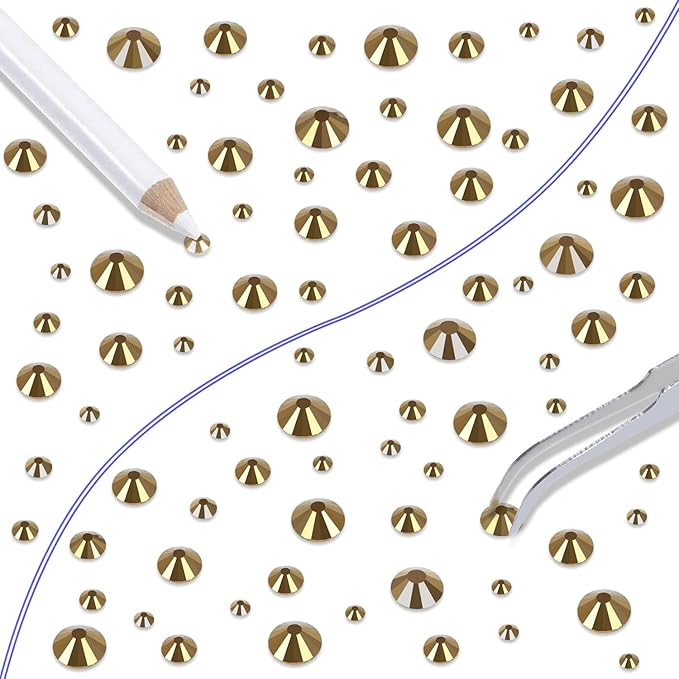 LPBeads 6000 Pieces Metallic Gold Non Hotfix Rhinestones 6 Sizes Round Crystal Glass Flat Back Rhinestones with Tweezers and Picking Pen for Nail Art Crafts Bags DIY