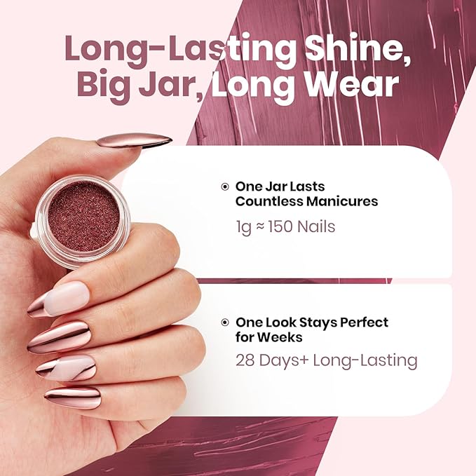 Beetles Pink Chrome Nail Powder Metallic Mirror Effect Chrome Powder for Nails Gel Polish Pink DIY Decoration Nail Manicure Nails Art Design Gift for Women