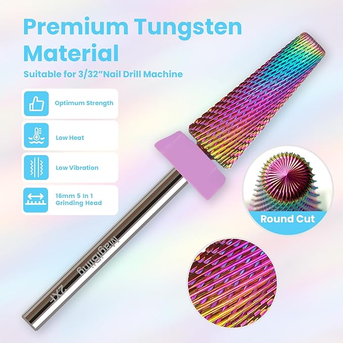 2xf 5 in 1 Nail Drill Bits, 16mm Tapered 3/32'' Professional Tungsten Carbide Bits for Efile, 2 Rotation for Electric Drill, Remove Thin Gel, Manicure Cuticle Gel Polish, Nail Techs Bit, Double Fine