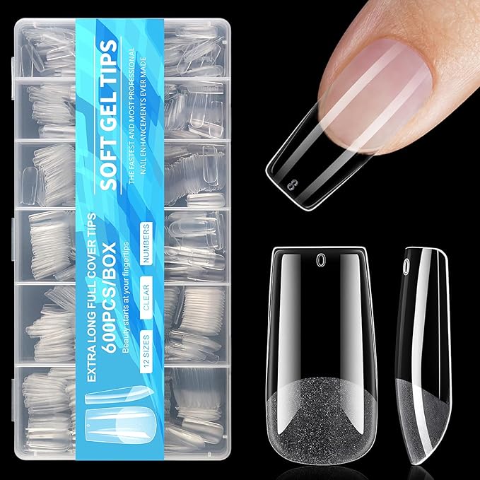 BlueZOO Medium Square Gel Nail Tips 600Pcs 12 Sizes Kit, Tapered Pre-etching Square Press On Nails for Extension Manicure Easy DIY Art Home Salon Supplies Full Cover Half Matte Acrylic Nails Tip Women