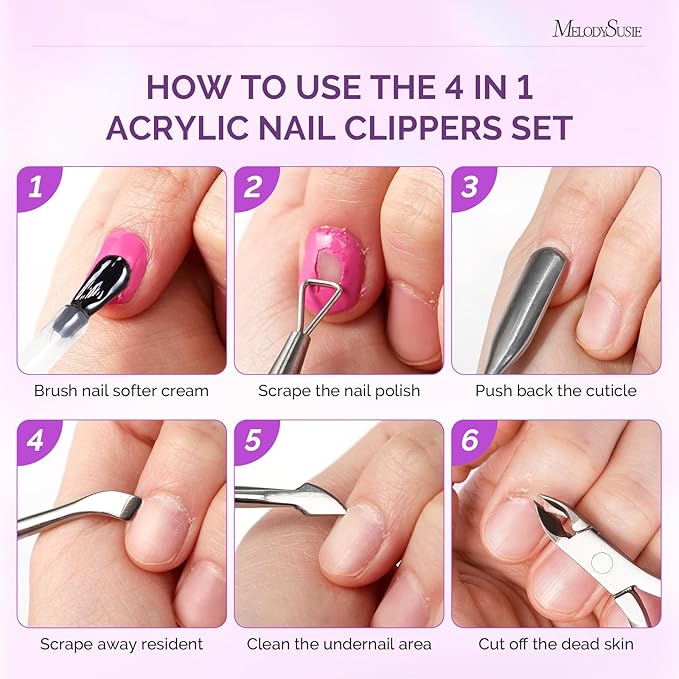 Melodysusie 4 in 1 Acrylic Nail Clippers Set, with Cuticle Trimmer and Dual-Ended Cuticle Pusher Remover, Stainless Steel Acrylic Nail Cutter Set, Pedicure Manicure Acrylic Nail Tools for Home Salon