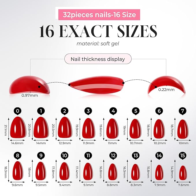 UNA GELLA 32Pcs Soft Gel Press on Nails - 16 Sizes Classic Red Almond Glue on Nails, Reusable Glossy Solid Red False Nails, Full Cover Acrylic Nail Kit for Women DIY Home Manicure