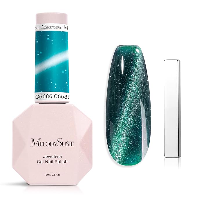 MelodySusie Jeweliver Cat Eye Gel Nail Polish, 0.5 Fl Oz Green Glitter Holographic Magnetic Nail Polish with Magnet, UV Nail Polish for Nail Art Manicure Salon DIY at Home C6686