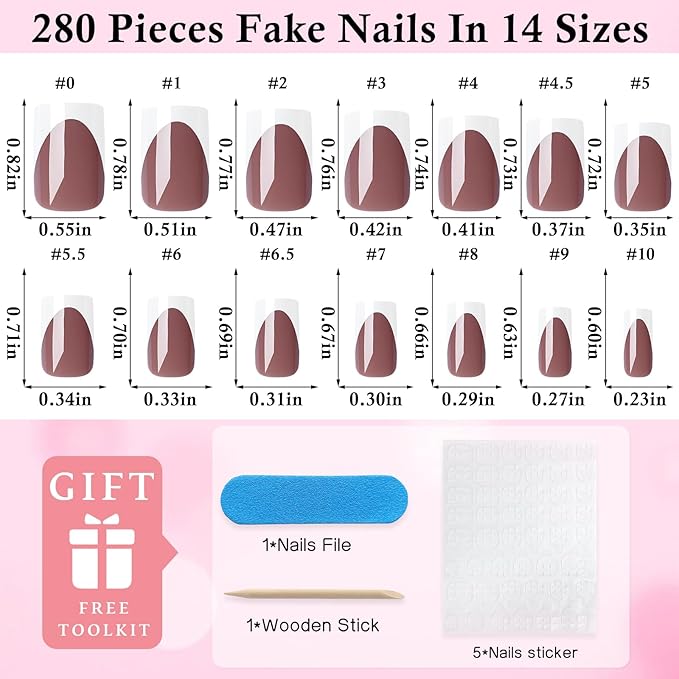 280pc French Tips Press on Nails Medium Square Fake Nail with Glue Tabs, French Tips Glue on Nails Press on Nail Square Acrylic Nails Medium Artificial Fingernails Women Girls Coffee False Nails