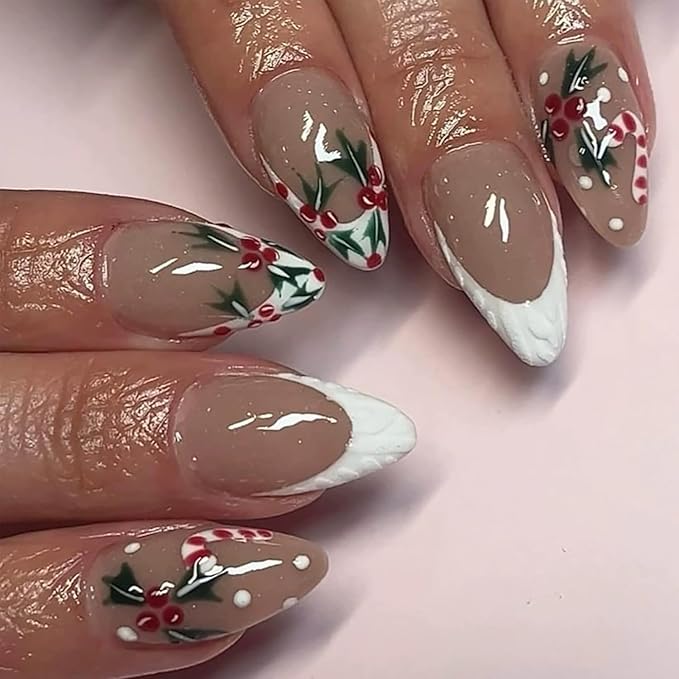 Christmas Press on Nails Medium Almond Fake Nails with Christmas Holly Candy Cane Designs White French Tip Xmas False Nail Winter Stick on Nail for Women 24 Pcs
