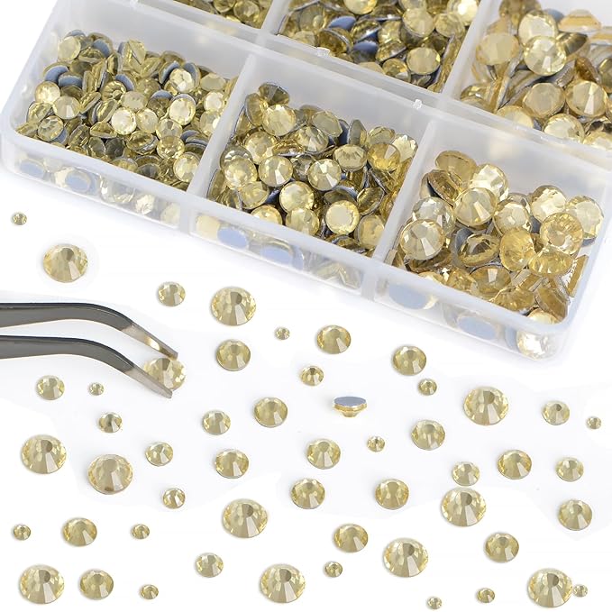 Bymitel Hotfix Crystal Rhinestones Round Gems for Crafts,Mixed 6 Sizes with Wax Pencil Kit, Jonquil 1.6-6.3mm SS4-SS30/8000pcs
