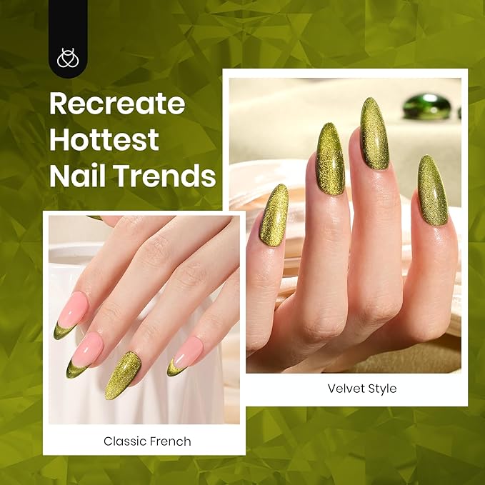 Beetles Green Cat Eye Gel Nail Polish - 15ML Olive Green Cat Eye Glitter Magnetic Gel Polish Soak Off Uv Nail Art Manicure Christmas Winter Gifts for Women