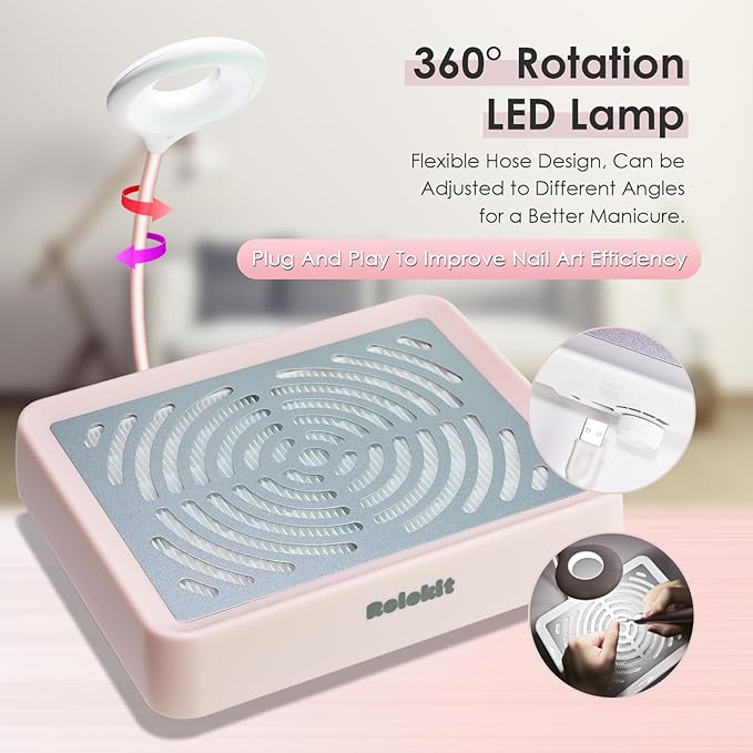 Nail Dust Collector with Lamp&50pcs Disposable Filter&Dusting Brush, Electric Nail Vacuum Cleaner Dust Fan Suction Machine for Manicure Acrylic Gel Nails Polishing, Low Noise,Salon Home (Pink)