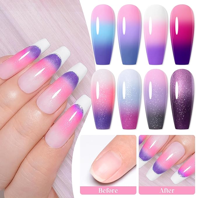 MEET ACROSS 8Pcs Color Changing Gel Nail Polish Set Glitter Temperature Mood Changed Gel Polish Pink Purple Soak Off UV/LED Nail Art Design Kit Gifts for Women Girls