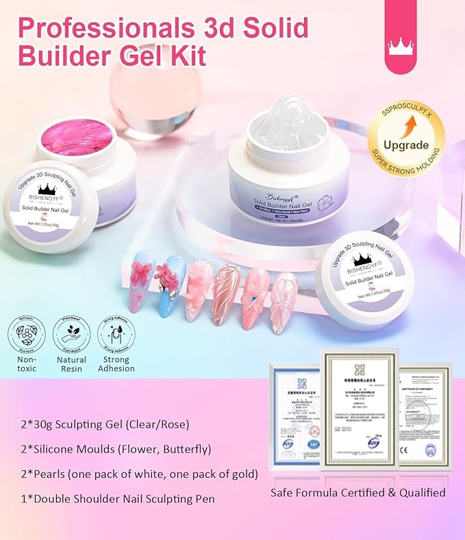Solid Builder Gel For Nails BISHENGY - Non-Sticky Hand 3D Gel Nail Art Easy Shape Clear Pink Aurora Glitter 3D Sculpting for Extensions & Carving Molding Sculpture with Silicone Mold Home DIY