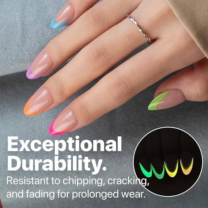 SXC Cosmetics X-Pro Tips French Tip Press On Nails - Bright Pastel Glow in the Dark Series (GLOW114KIT-S Almond)