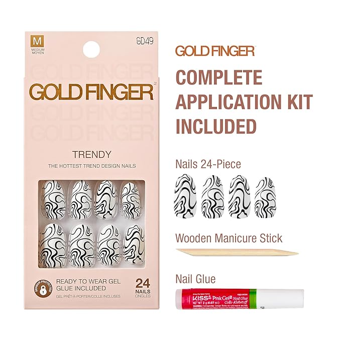 GoldFinger 24 Pcs Press On Nails,Medium Oval Fake Nails, Black White Swirl Gel Stick On Extensions, Reusable Full Cover False Nail Kit with Glue, Manicure Stick & File, 7 Day Long Lasting Wear