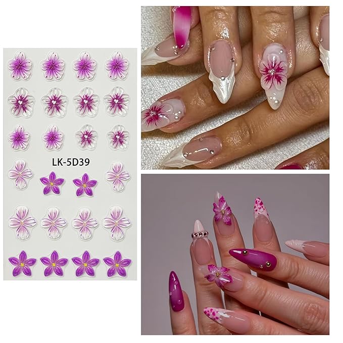 Flower Nail Art Stickers 5D Embossed Flower Nail Decals Spring Summer Pink Flowers Nails Design 3D Self-Adhesive Accessories for Women Nails DIY Decoration(6 Sheets)