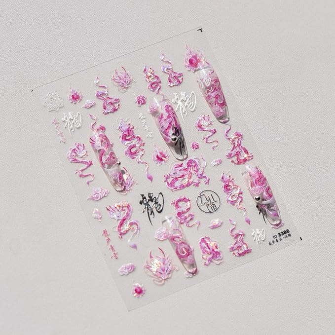 2Sheets Dragon Nail Art Stickers Blue Pink Chinese Totem Character Acrylic Nail Decals for New Year Spring Festival Cool Design Nails Supplies (A Style)