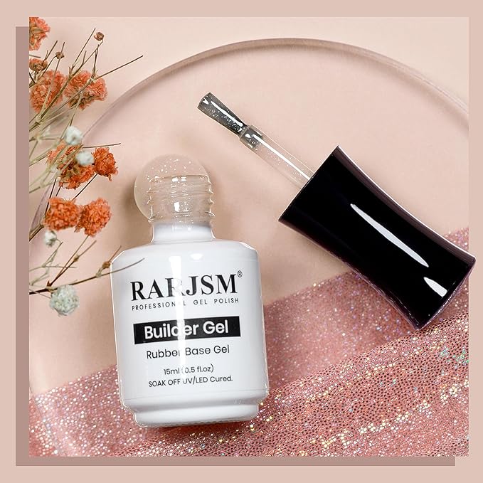 RARJSM Nude Ivory Pink Rubber Base Gel Nail Polish Rainbow Glitter Sheer Pink Rubber Base for Nails Iridescent Brush on Quick Extend Builder Hard Gel Soak Off Curing Requires 15ml French Manicure