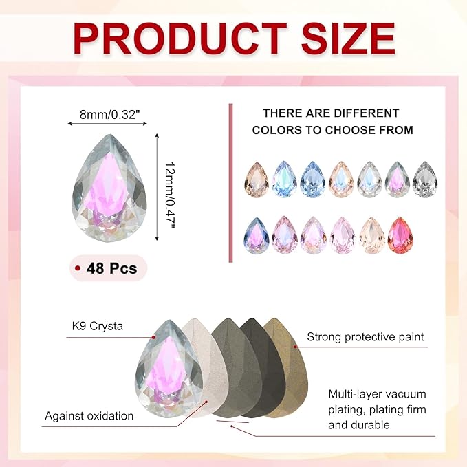 MECCANIXITY 48 Pcs 3D Teardrop Rhinestones Diamond Nail Charm Crystal Pointback K9 Glass Rhinestones Crystal Gems for Jewelry Making, Craft, 8x12mm, AB Transparent