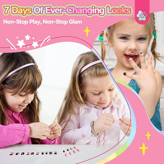 SAVILAND Glamkids Press on Nails for Kids: 7 Days Of Ever-Changing Looks Kids Press on Nails Gentle Fake Nails Pre Glue Full Cover Nails for Christmas Gift Party PlayfulNails
