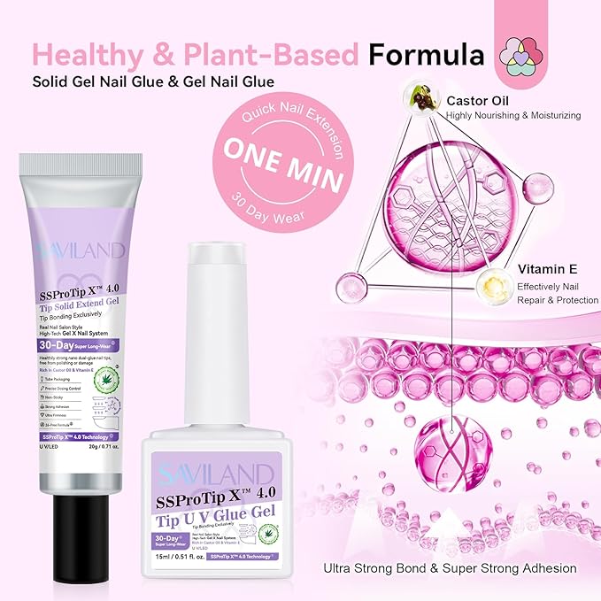 SAVILAND Gel Nail X Kit Almond: 4-In-1 Almond Press On Nail Tips with Glue White Pink Ombre Medium Almond 256 Pcs False Nail Tips Strong Glue On Nails Mini Nail Lamp Electric Nail Drill At Home