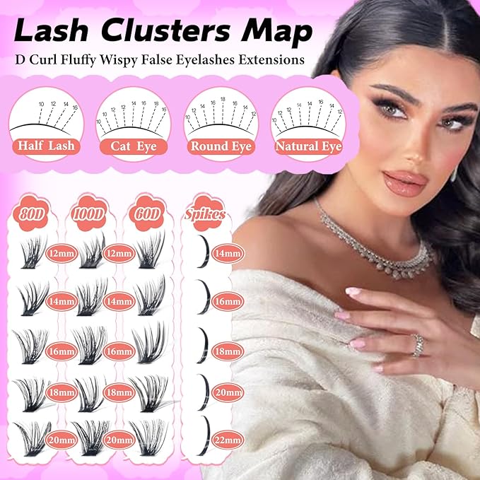 Lash Clusters with Spikes, 80D+80D Left Right Eyelash Clusters Extensions Individual D Curl Fluffy Wispy False Eyelashes DlY Manga Lashes Extension (12-22mm, Left Right Lash Clusters)