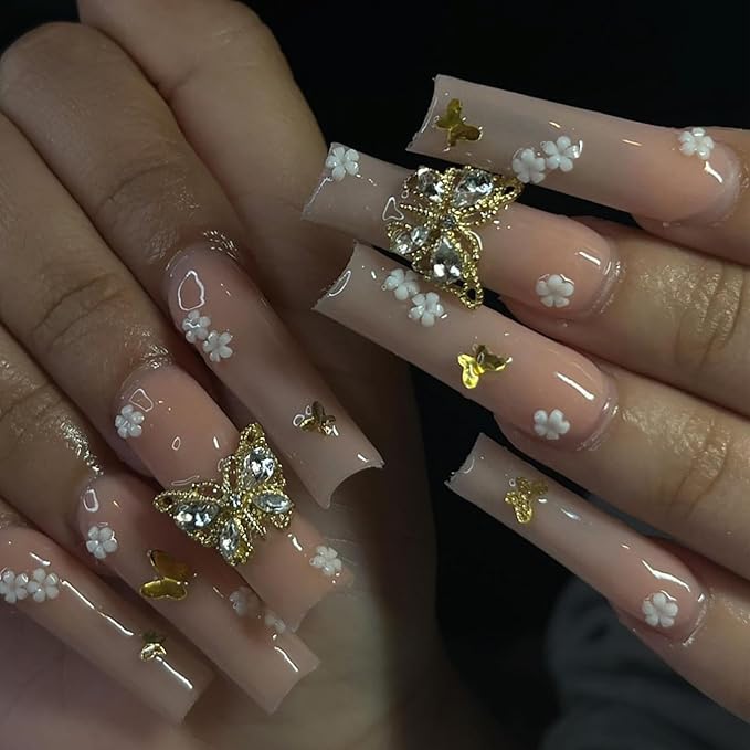 RTKHFZE Press on Nails Long Square Fake Nails Pink Acrylic Nails with Flower Rhinestones And 3D Butterfly Designs False Nails Full Cover Stick on Nail Glitter Artificial Nail for Women Manicure
