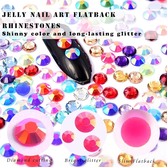 Rainbow Rhinestones for Nails Mixed Colors Jelly Rhinestones Resin for Crafts Shiny Nail Gems AB Crystal Flatback for Tumbler DIY Makeup Decoration Design 2/3/4/5mm