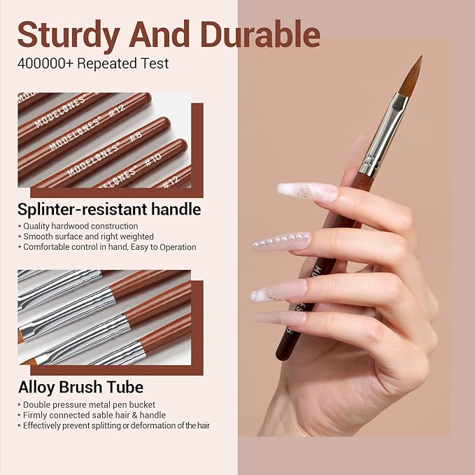 Modelones Kolinsky Acrylic Nail Brush Set, Size 8/10/12 Round Shaped Nail Brushes for Acrylic Powder, Gel Polish, Extension Gel, 3D Carving & Detailing Design with Wooden Handle Salon & DIY Use