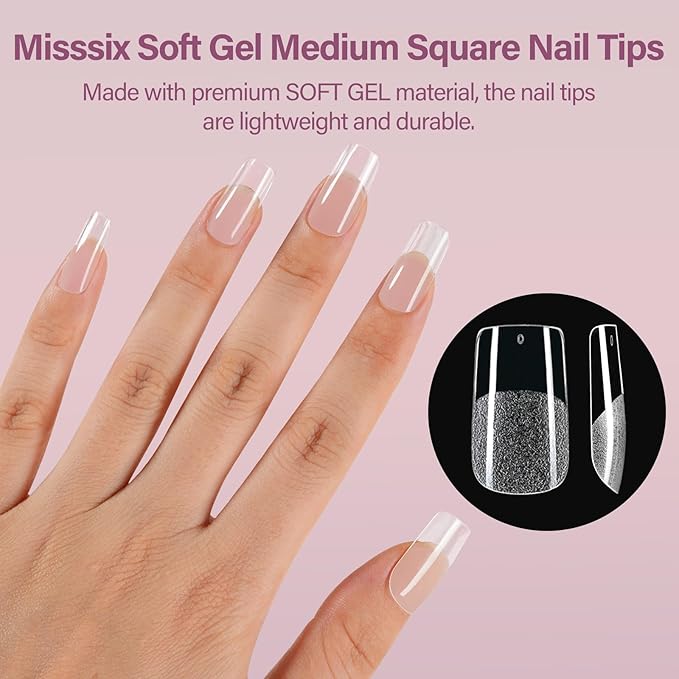 Misssix Medium Square Gel x Nail Tips Kit, 216Pcs Pre Etched Clear Fake Nails, Full Cover False Nail 9-in-1 Gel Glue and Portable Mini U V Nail Lamp for Women 12 Sizes