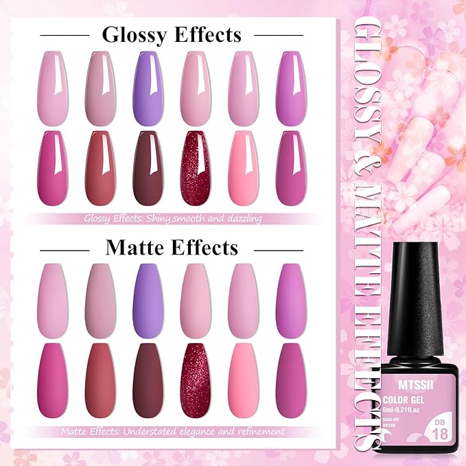 MTSSII Gel Nail Polish Set: 12 Pcs Hot Pink, Rose, Red Gel Polish Kit with Soft Pink Glitter - Valentines' Day Gifts for Women, Soak Off UV Nail Lamp Manicure Kit