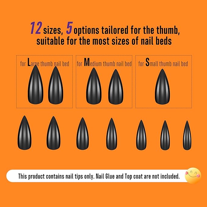 NOVO OVO Halloween Black Nail Tips Curved Stiletto, Full Cover Gel x Extension kit for 3D Eagle Claw nails, Extra Thick Hawk Deep Curve Almond French Tips Soft False Fake Acrylic Nail 12 Size 120pc