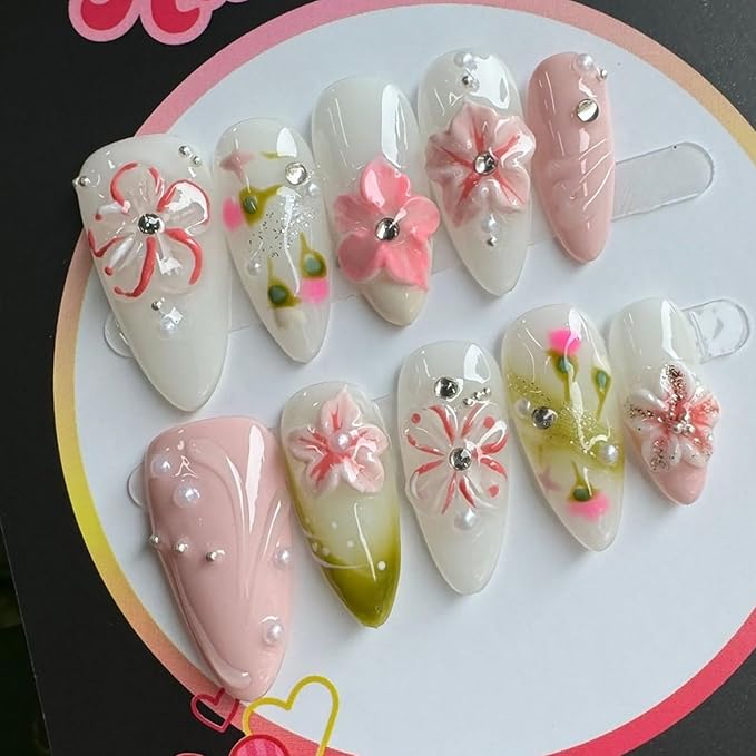Luxury Press on Nails Medium Almond Handmade 3D Unique Reusable ABS Material Fake Nails White&Pink False Nails with Designs Pink Floral Pearls Glossy Glue on Nail Thick Acrylic Nail(M)