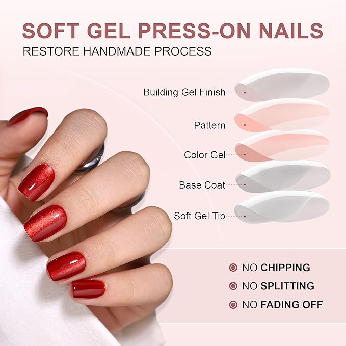 Gel Press On Nails Short - Red Press On Nails Square, Short Fake Nails with Nail Glue, Artificial Nails 16 Sizes - 32Pcs Reusable Soft Gel False Nails Tips Kit，Glue On Nails Short