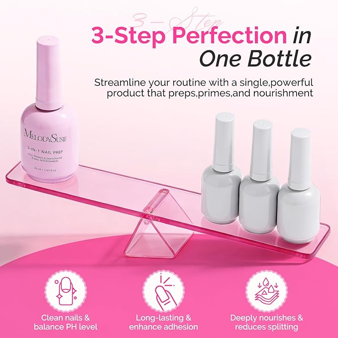 MelodySusie 30ML Nail Dehydrator and Primer, 3-in-1 HEMA-Free Acid-free Nourishing Nail Prep for Nail Thickening Solutions Acrylic & Gel Nails