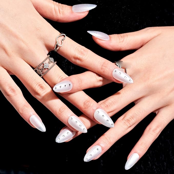 GLAMERMAID Nude White 3D Press on Nails Medium Almond, Rhinestone Handmade Jelly Gel Fake Nail Stiletto Kit, Ombre Glitter Magnetic Glue on Nail Short Oval, Normal Stick on False Nail Set for Women