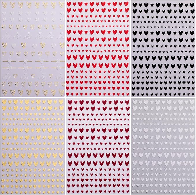 Heart Nail Stickers Decals for Nail Art, 6Sheets 3D Self Adhesive Hearts Nail Art Stickers for Women Gold Black White Red Heart Love Patterns Elegant Design DIY Valentines Manicure Accessories
