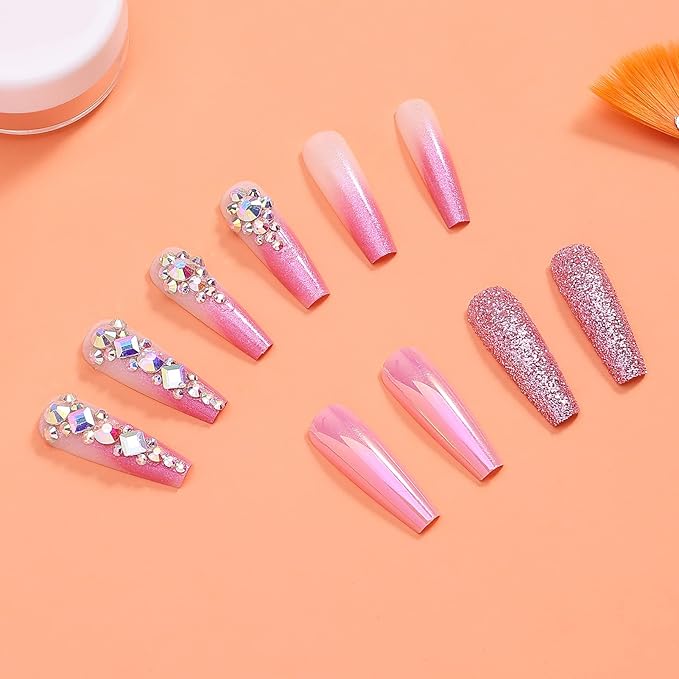 Artquee 36pcs Pink Ombre Crystal Press on Nails with 3D Rhinestones Mixed Pink Metal and Glitter Glossy False Nails Long Ballerina Coffin Flash Fake Nail Tips Manicure for Women