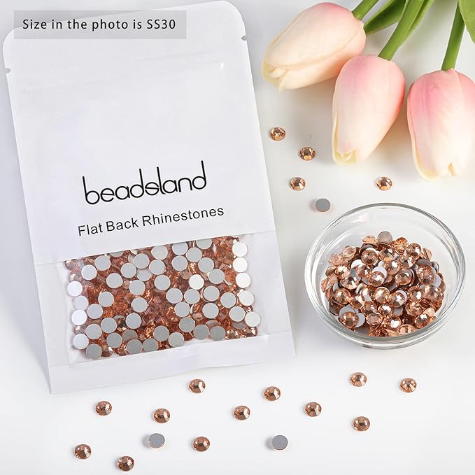 Beadsland 576pcs Flat Back Crystal Rhinestones Round Gems for Nail Art and Craft Glue Fix, Champagne, SS30,6.3-6.5mm
