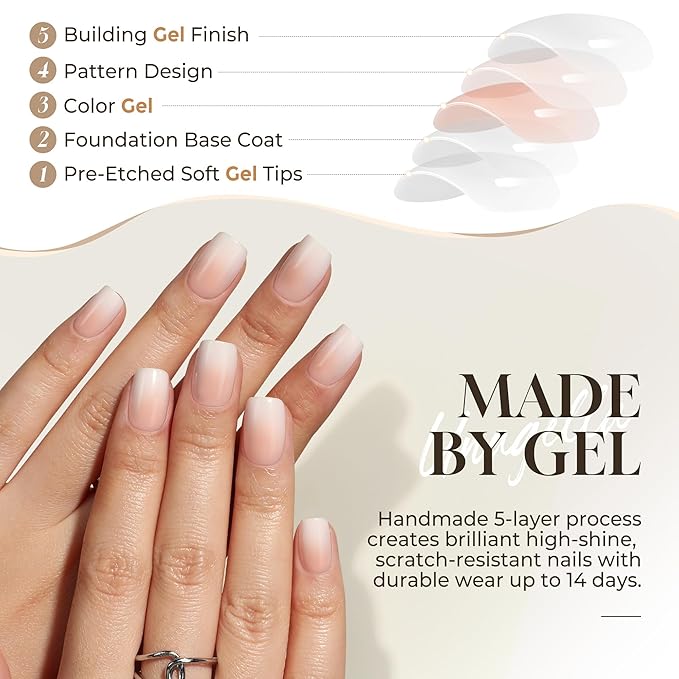 UNA GELLA Press On Nails Short Square : Ombre Soft Gel Press Ons Kit with Nail Glue Adhesive Tabs Nail File, 16 Sizes - 32Pcs Reusable Fake Nails, Nude Cream, Women Gift