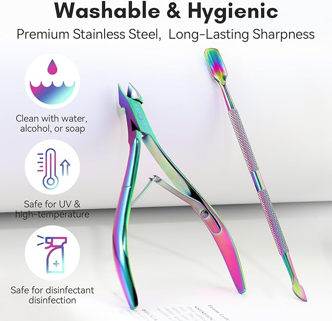 Makartt Cuticle Trimmer: Cuticle Nipper and Cuticle Pusher Set, Rainbow Titanium Stainless Steel Manicure Tools for Nail Prep and Care, 7mm Precision Jaw, Double Spring, Ergonomic and Portable