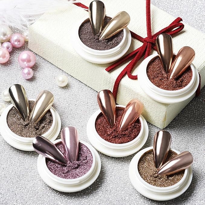 Rose Gold Nail Chrome Powders, 6 Colors Gold Chrome Powder for Nails Metallic Mirror Nail Powders Nail Art Decorations