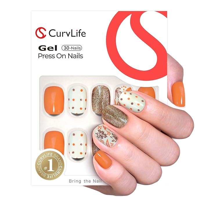 CurvLife Press On Nails – 30Pcs Soft Gel Fake Nails, Reusable Glue On Nail Kit with Adhesive Tabs, Natural Fit & Salon-Quality for Women & Girls (Gold Maple Leaf)
