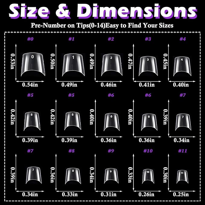 LoveOurHome 750pc French Coffin Nail Tips Clear Fake Nails Short Coffin Gel Nail Tips Half Cover Acrylic Nail Clear Short False Nail 15 Sizes Fingernail for Gel Nail Extension Press Nails