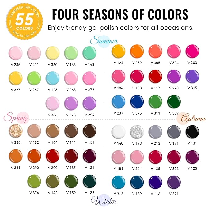 VANREESA 60 Pcs Gel Nail Polish Set 55 Colors Spring Summer Fall Winter Gel Polish with Base Coat & 4 Effects Top Coat Nail Kit Gifts for Women Girls Nail Art Salon at Home