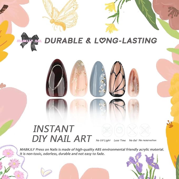 Press on Nails Almond Medium MABKJLF Brown Fake Nails Handmade False Nails with Butterfly Gold Curve Line Tortie Designs Glossy Glue on Nail Acrylic Nails for Women Girls 24Pcs