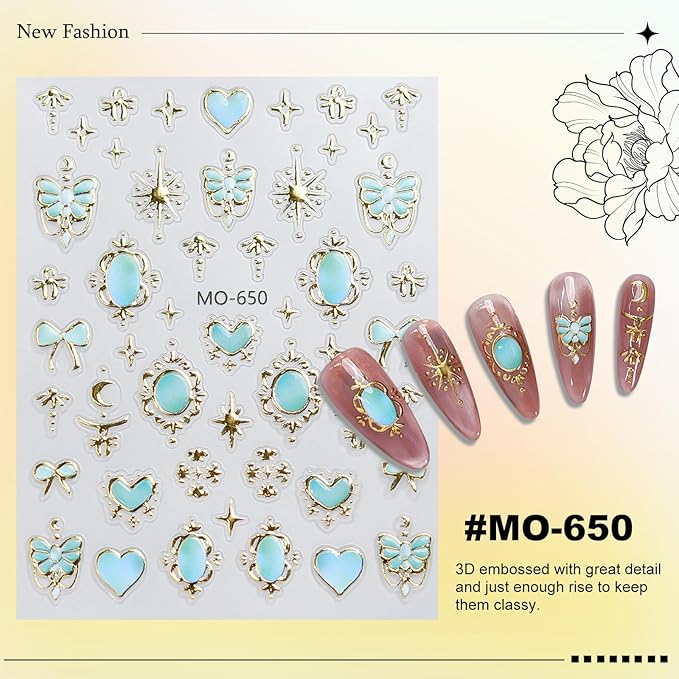 3 Sheets Valentines Nail Stickers for Nail Art Gold Baroque Jewel Red Blue Pink Heart Love Moon Bow Designs 5D Embossed Self Adhesive Nail Decals for Women DIY Manicure Decoration YX1237
