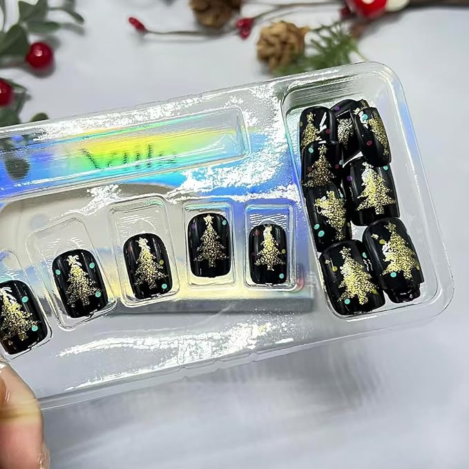 Christmas Press on Nails Short Square Fake Nails with Gold Glitter Christmas Trees Designs Black Xmas False Nail Winter Stick on Nail for Women 24 Pcs