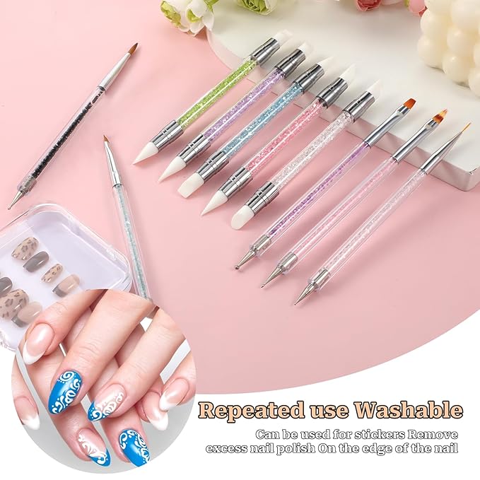 Nail Art Brush Set, 10 Pcs Dual Tipped Silicone Nail Tools Nails Art Sculpture Pen Crystal Handle Liner Brush, Silicone Brushes for Resin Nails Arts Tools for NailSalon Design Foil Carving Drawing