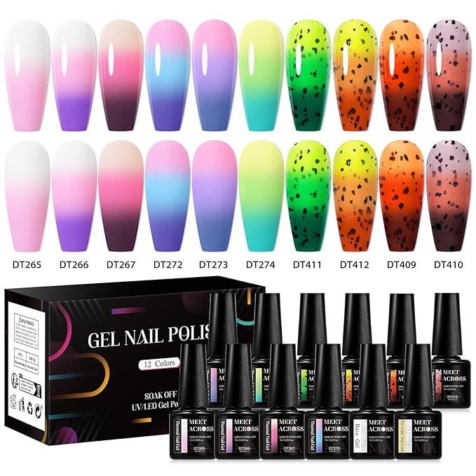 MEET ACROSS 12PCS Color Changing Gel Nail Polish Set Glitter Temperature Mood Changing Color Changed Gel Soak Off Nail Art Design Kit Manicure at Home Special Gifts for Women Girls