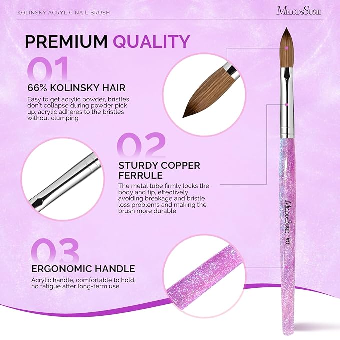 MelodySusie Kolinsky Acrylic Nail Brush,66% Kolinsky Hair Professional Nail Art Brush for Acrylic Application, Aurora Collection Fine Glitter Brush, Purple, Size 8